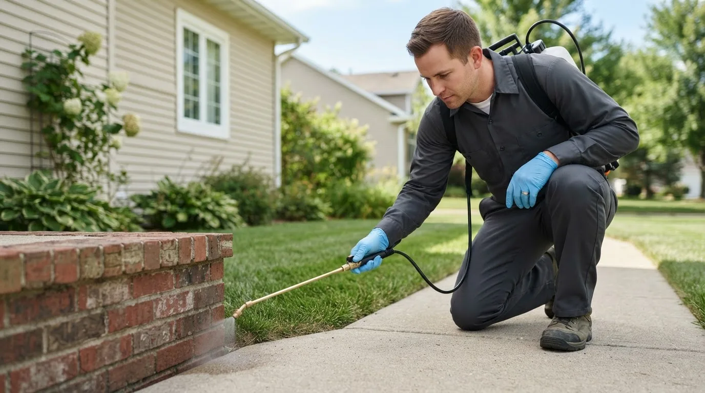 Pest control technician treating a home near Ferguson, NC